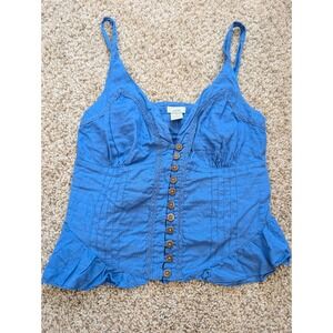 Odille Anthropologie Blue Cotton Crochet Lace Button Front Cami Ruffle Top Y2K
